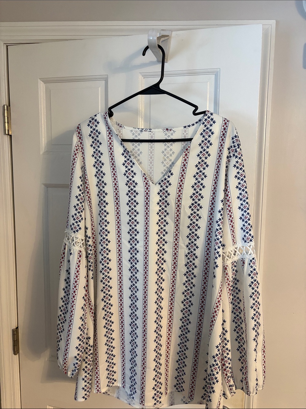 SHEIN White Boho Stripe V-Neck Long Sleeve Top with Navy & Red Pattern